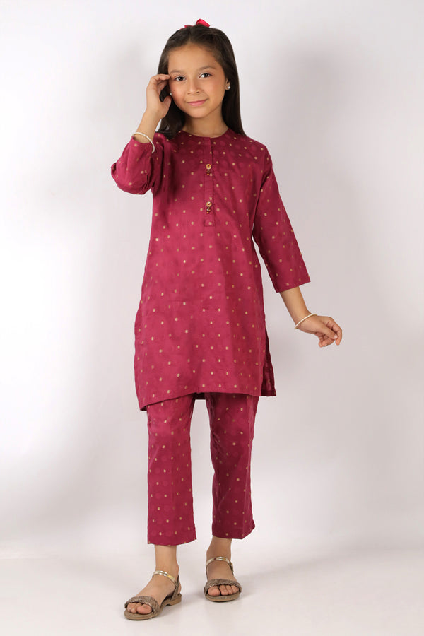 Stitched Cotton Jacquard Shirt/trouser For Kids