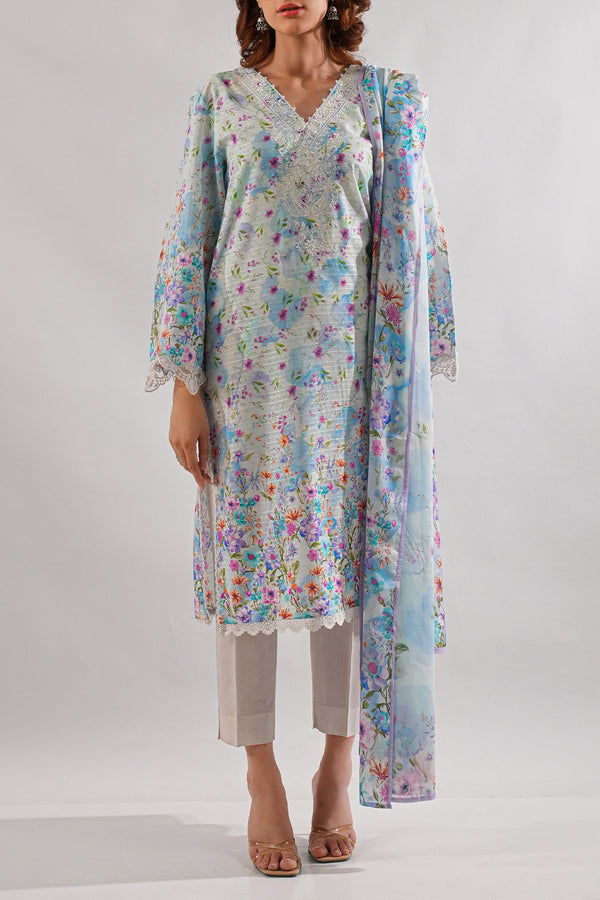 Printed Embroidered Cotton Jacquard Stitched 2 Piece (Shirt/Dupatta)