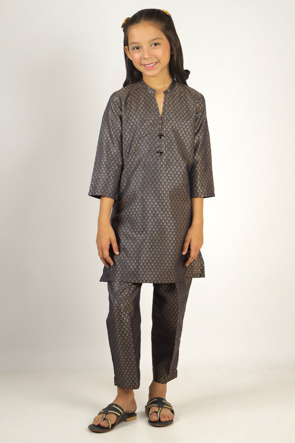 Stitched Cotton Jacquard Shirt/trouser For Kids