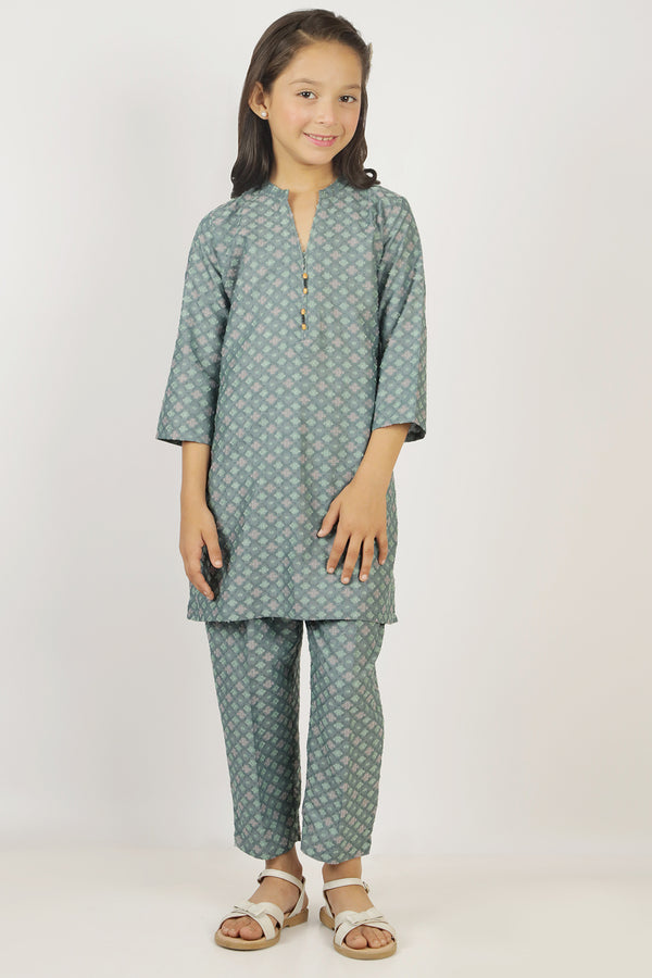 Stitched Cotton Jacquard Shirt/trouser For Kids