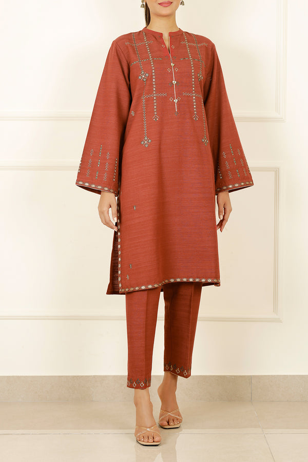 Solid Embroidered Soft Raw Silk Stitched 2 Piece (Shirt/Trouser)