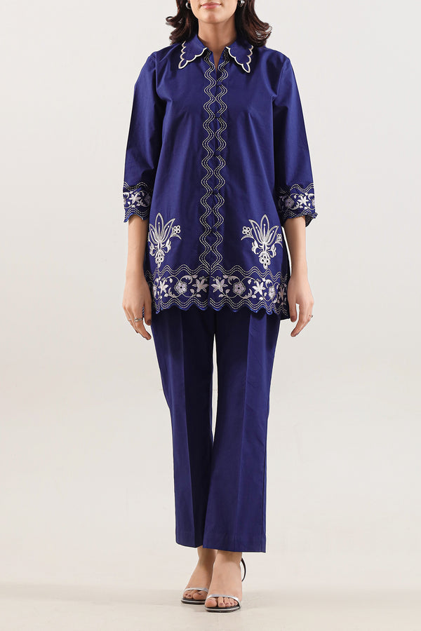 Solid Embroidered Poplin Stitched 2 piece (Shirt/Trouser)