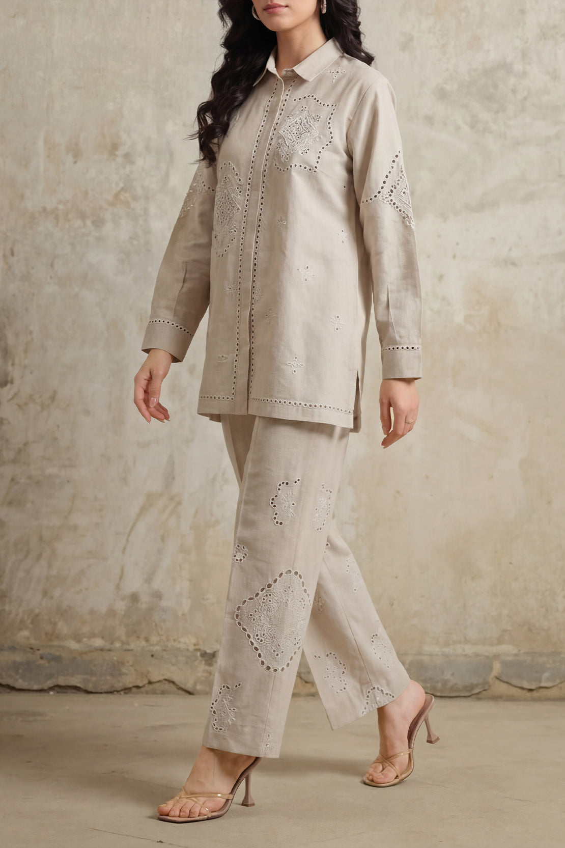 Solid Embroidered Cotton Linen Stitched 2 Piece (Shirt/Trouser)