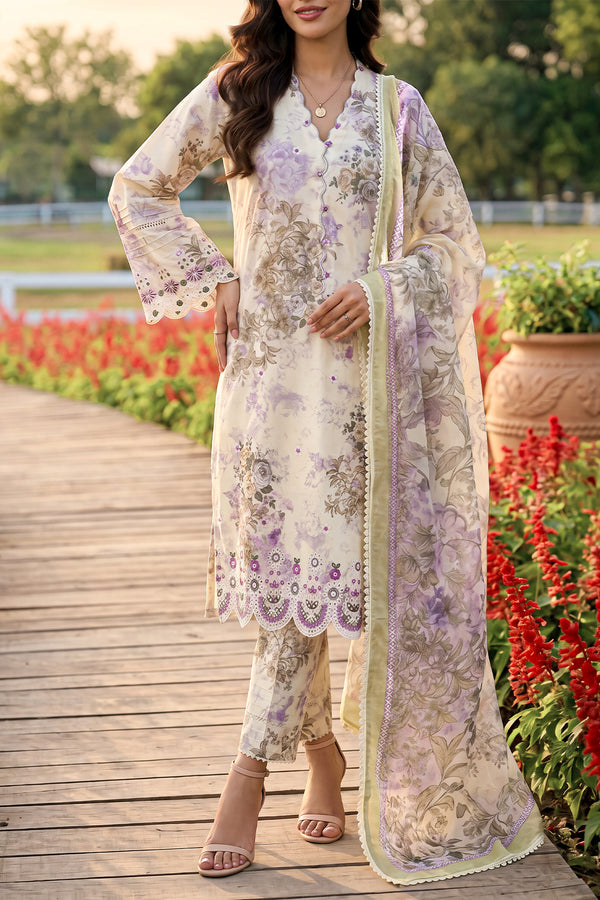 Unstitched Printed Embroidered Premium Lawn 3 Piece