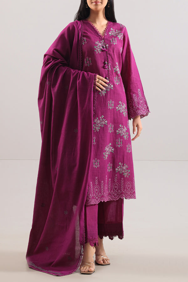 Unstitched Solid Embroidered Cotton Khaddar 3 Piece