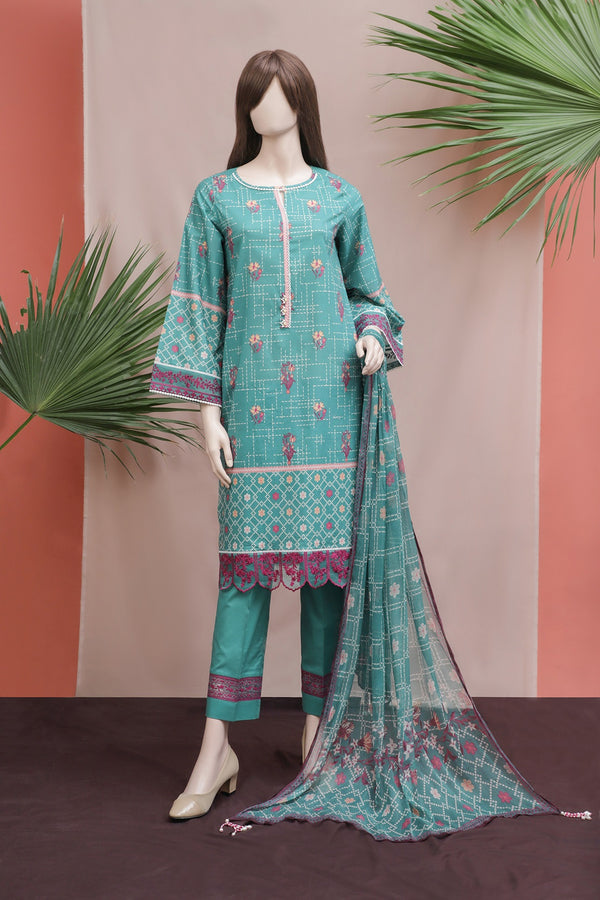 Unstitched Printed Embroidered Lawn 3 Piece With Chiffon Dupatta