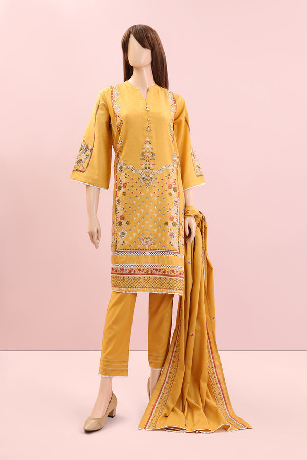 Solid Emb Self Jacquard Stitched 3 Piece with Cotton Net Dupatta