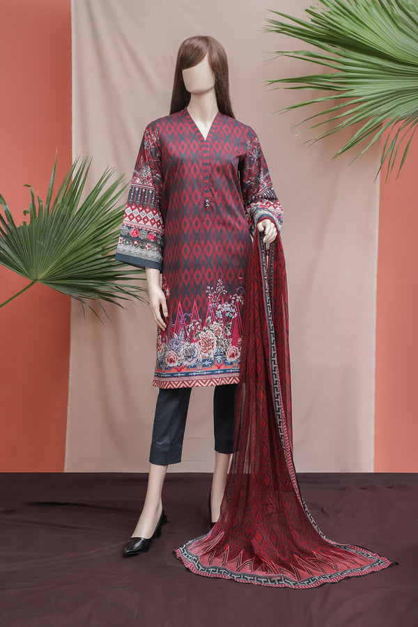 Unstitched Printed Embroidered Lawn 3 Piece With Chiffon Dupatta