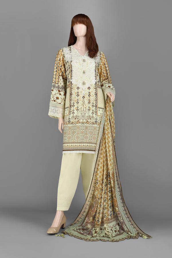 Unstitched Printed Embroidered Lawn 3 Piece With Chiffon Dupatta