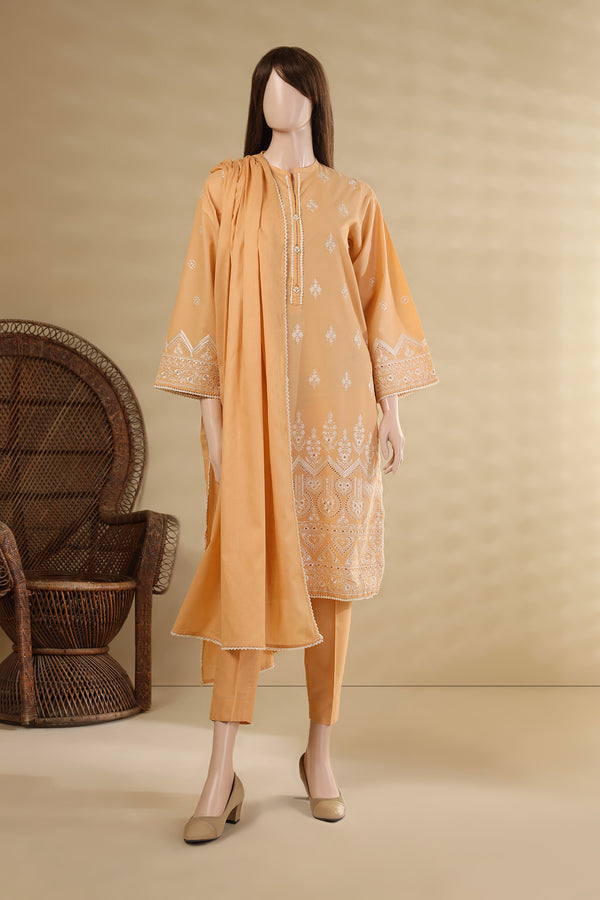 Solid Emb Cambric Stitched 3 Piece with Cotton Net Dupatta